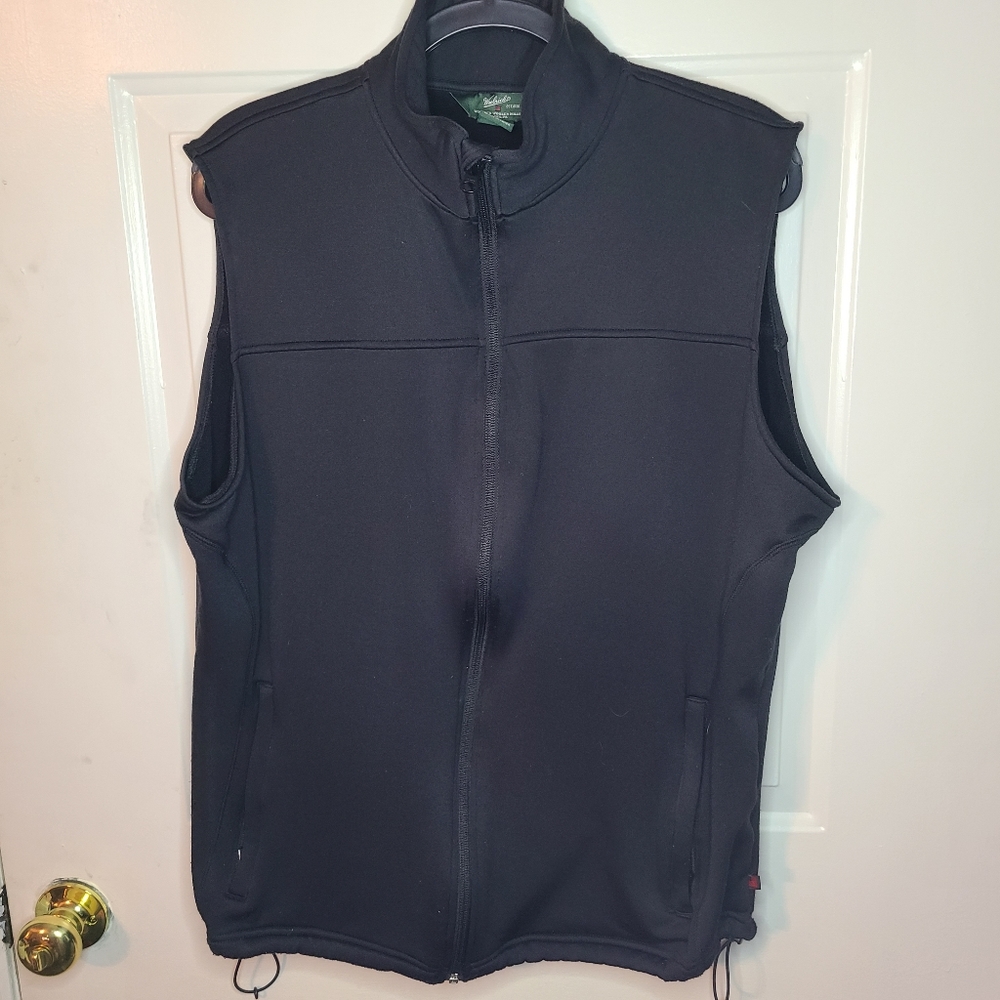 Black Woolrich Fleece Vest Men’s XL Warm Pockets Adjustable Hem Poly/Spandex EUC
